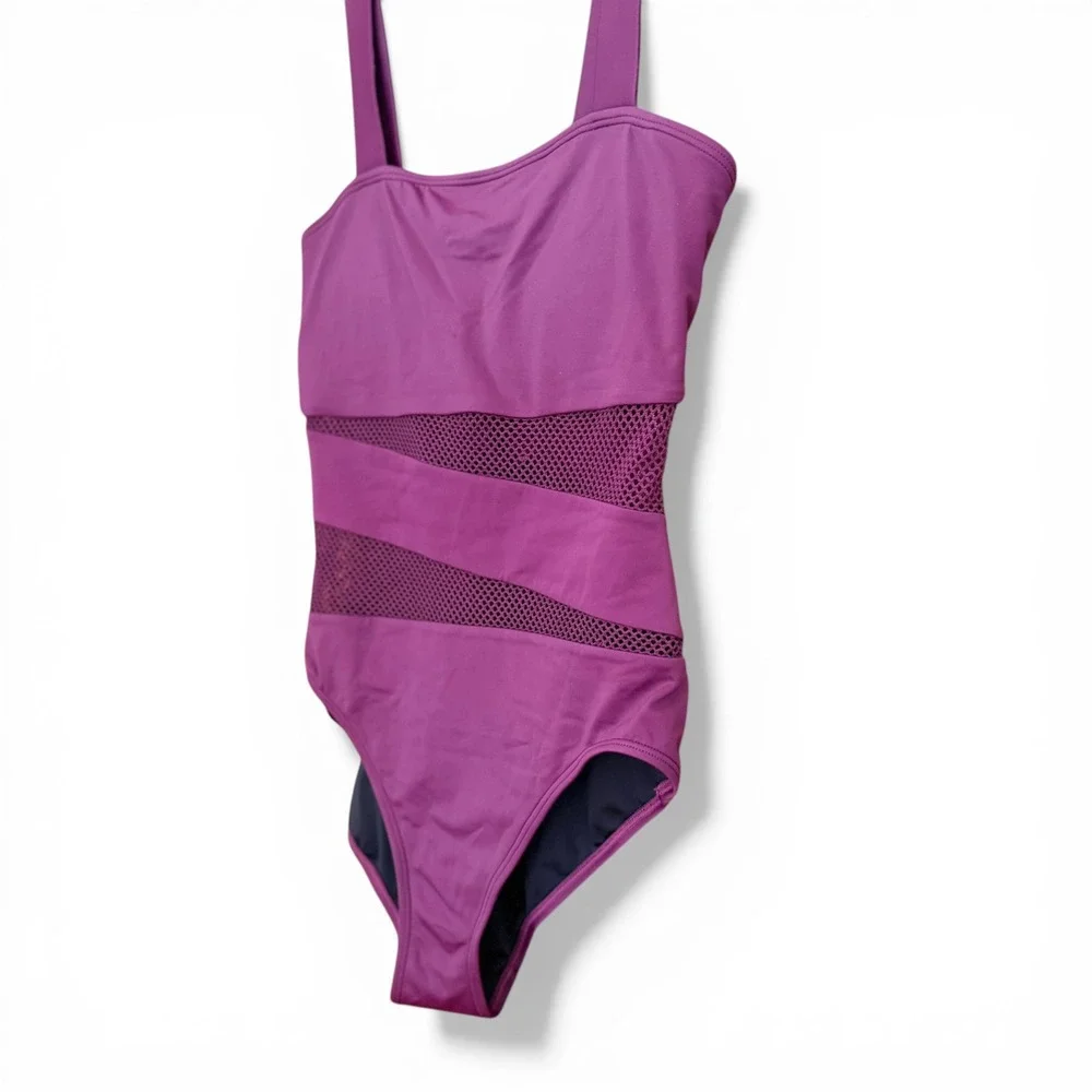 Carmen Marc‎ Valvo Swimsuit Womens 14 Burgundy One Piece Mesh C94809 Square Neck